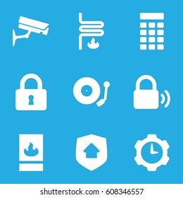 System icons set. set of 9 system filled icons such as lock, gramophone, fire protection, heating system, home security, intercom, security camera