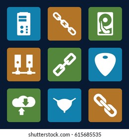 System icons set. set of 9 system filled icons such as bladder, chain, guitar mediator, hard disc, server