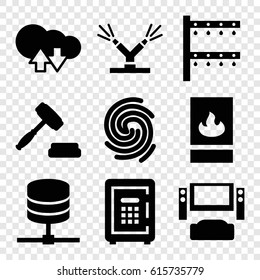 System icons set. set of 9 system filled icons such as safe, auction, fire protection, finger print, cloud download upload