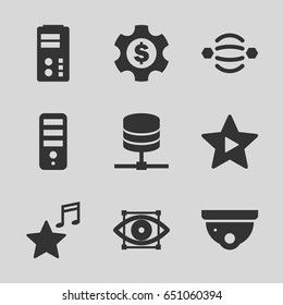 System icons set. set of 9 system filled icons such as security camera, cpu, favorite music, eye scan, dollar gear, atom interaction