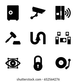 System icons set. set of 9 system filled icons such as lock, pipe, gramophone, auction, audio system, intercom, security camera, eye scan