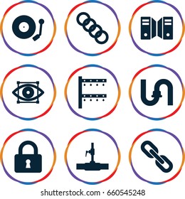 System icons set. set of 9 system filled icons such as pipe, irrigation system, water pipe, lock, gramophone, eye scan, chain