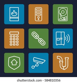 system icons set. Set of 9 system outline icons such as CPU, pipe, chain, fire protection, home security, intercom, security camera