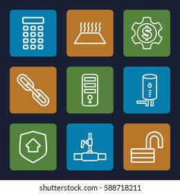 system icons set. Set of 9 system outline icons such as CPU, opened lock, water pipe, chain, geyser, heating system in car, home security, intercom