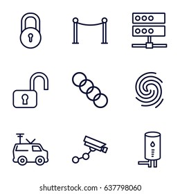System icons set. set of 9 system outline icons such as lock, security camera, red carpet barrier, tv van, geyser, finger print, chain, open lock