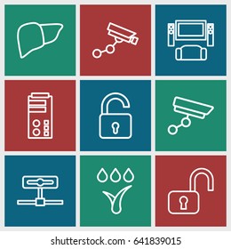 System icons set. set of 9 system outline icons such as opened lock, security camera, liver, security camera, open lock, server
