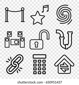 System icons set. set of 9 system outline icons such as red carpet barrier, pipe, favorite music, home connection, audio system, finger print, intercom, open lock