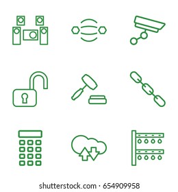 System icons set. set of 9 system outline icons such as chain, auction, intercom, security camera, cloud download upload, atom interaction