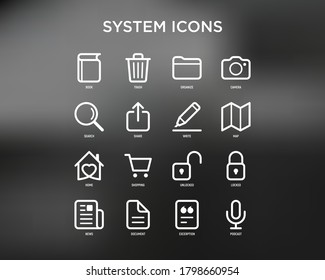 System icons set: book, trash, camera, file, search, share, map, news, shopping, add document, locked, unlocked. Minimal thin line icons. Vector illustration.