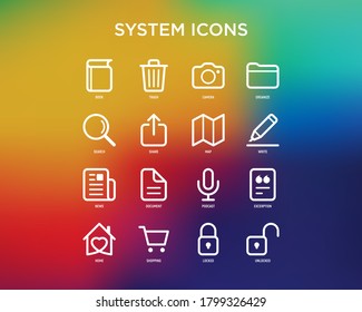 Set für Systemsymbole: Buch, Müll, Kamera, Datei, Suche, teilen, Karte, Nachrichten, Einkaufen, fügen Sie Dokument, gesperrt, entsperrt. Minimale Dünnliniensymbole. Vektorgrafik.