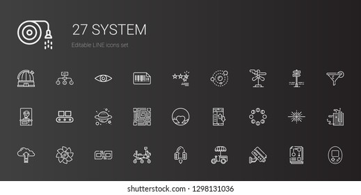 system icons set. Collection of system with cctv, stand, spaceship, mars rover, link, turbine, cloud computing, moon phases, data transfer. Editable and scalable system icons.