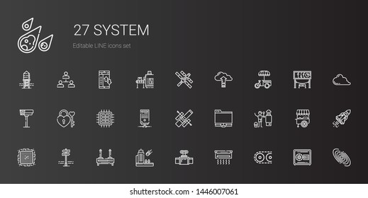 system icons set. Collection of system with conveyor, air conditioner, valve, meteorite, router, panels, cpu, heater, ftp, space telescope. Editable and scalable system icons.