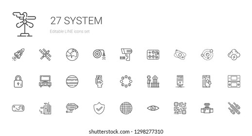 system icons set. Collection of system with cpu, security, grid, cctv, motherboard, ar glasses, server, geyser, moon phases, qr code, venus. Editable and scalable system icons.