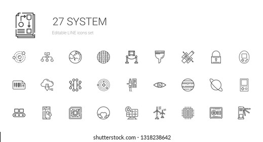 system icons set. Collection of system with cpu, wind turbine, solar panel, pluto, data transfer, conveyor, venus, security, thermostat, solar system. Editable and scalable system icons.