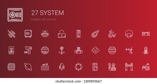 system icons set. Collection of system with geyser, data transfer, moon phases, spaceship, components, uranus, cpu, venus, brainstorm, valve. Editable and scalable system icons.