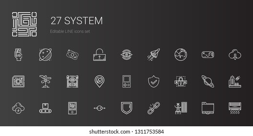system icons set. Collection of system with infrared, link, security, solar system, domotics, conveyor, brainstorm, password, console, place. Editable and scalable icons.