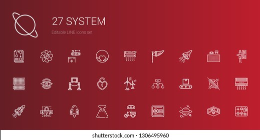 system icons set. Collection of system with planet, safebox, stand, geyser, spaceship, password, space shuttle, conveyor, hierarchical structure. Editable and scalable system icons.