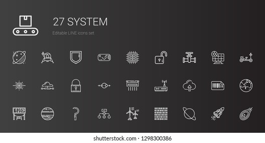 system icons set. Collection of system with uranus, binary code, wind turbine, hierarchical structure, sickle, jupiter, exhibition, cloud computing. Editable and scalable system icons.