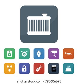 System icons. vector collection filled system icons such as wheel balance, car key, car radiator, muffler, security camera, pump, warm floor, speaker, law book