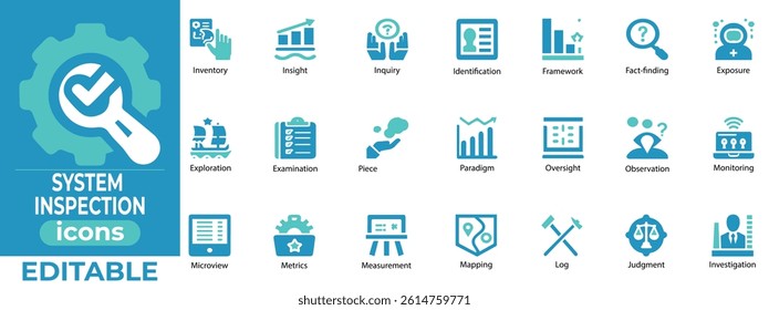 System inspection vector icons for IT audits, diagnostics, cybersecurity, maintenance, and modern UI UX design
