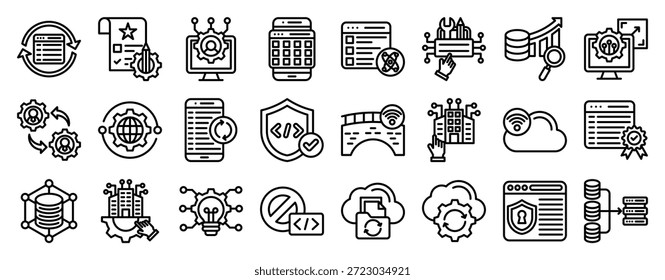 Sammlung von Systemintegrationssymbolen. Vektorsymbole der Umrisslinie bereinigen