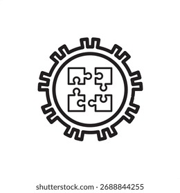 System integration line icon showing gear and puzzle pieces symbolizing technology connection, collaboration, process automation, and digital solutions for industrial, IT, and business systems.