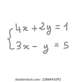 System of linear equations in two variables. Examples of systems of equations in mathematics. Scientific resources for teachers and students. Doodle handwriting concept.