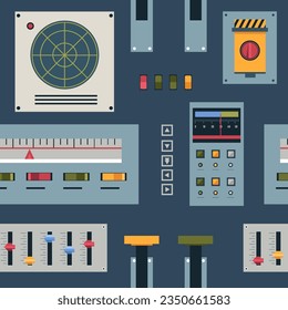 System or machinery control panel with buttons and knobs, levers. Turning on and off, radars with screens, adjusting settings. Pause and rewind, next and previous option. Vector in flat style