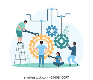 System of machines settings, hardware configuration. Tiny people of professional technical maintenance service repair gears and cogwheels of engine mechanism with wrench cartoon vector illustration