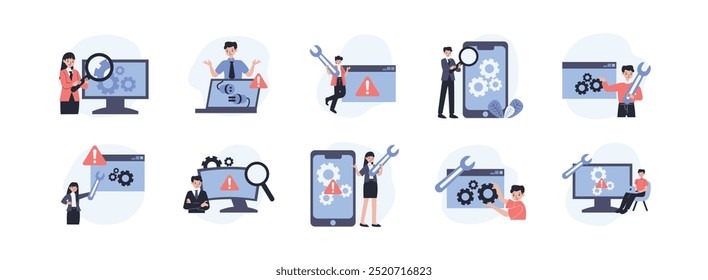 System Maintenance Character flat illustration set. Include of development, internet, laptop, occupation, and service. Vector illustration isolated