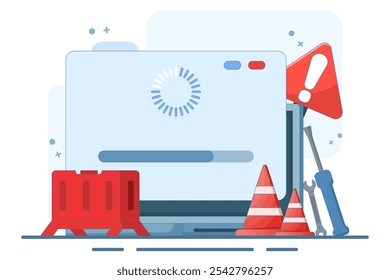 System maintenance concept, Error, Fixing problems, Device update, Software system is under maintenance, Software update process on device, updating operating system. Vector illustration.