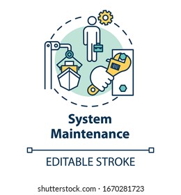 System Maintenance Concept Icon. Shipbuilding Worker. Boat In Dry Dock. Ship Maintenance Engineer. Watercraft Idea Thin Line Illustration. Vector Isolated Outline RGB Color Drawing. Editable Stroke