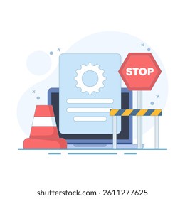 System Maintenance Concept, Laptop with system update process, Software update flat vector illustration, update process, software installation, operating system. flat design illustration.