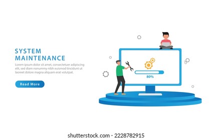 System maintenance concept. The process of upgrading to system update, replacing the newer version and installing the program. Vector illustration