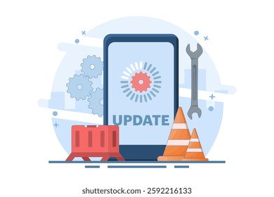 System Maintenance Concept, Smartphone Software Update Screen, Update Process, Software Installation, Operating System, Operating System Support. Flat Vector Illustration on Background.