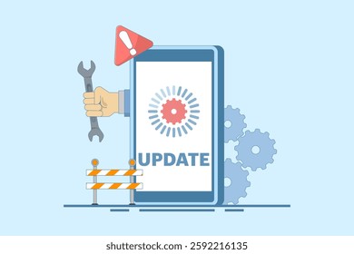 System Maintenance Concept, Smartphone Software Update Screen, Update Process, Software Installation, Operating System, Operating System Support. Flat Vector Illustration on Background.