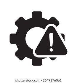 System maintenance error icon with a gear and a warning triangle representing a technical problem a software failure or a risky operation vector solid glyph icon