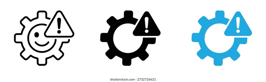 Icono de error de mantenimiento del sistema con un engranaje y un triángulo de advertencia que representan un problema técnico, un fallo de software o un Vector de operación de riesgo. 