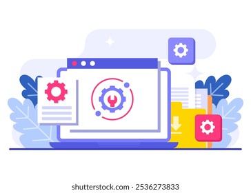 Ilustración vectorial plana de mantenimiento del sistema, Error, Solucionar problemas, Actualización de dispositivos, Sistema de software en mantenimiento, Proceso de Mejorar de software en dispositivos, Sistema de operación de Actualizar de Personas