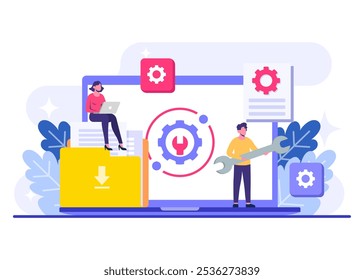 Ilustración vectorial plana de mantenimiento del sistema, Error, Solucionar problemas, Actualización de dispositivos, Sistema de software en mantenimiento, Proceso de Mejorar de software en dispositivos, Sistema de operación de Actualizar de Personas