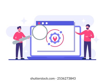 Ilustração de vetor plano de manutenção do sistema, Erro, Corrigir problemas, Atualização de dispositivo, Sistema de software sob manutenção, Processo de atualização de software em dispositivos, Sistema operacional de atualização de pessoas