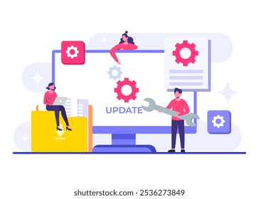 Ilustración vectorial plana de mantenimiento del sistema, Error, Solucionar problemas, Actualización de dispositivos, Sistema de software en mantenimiento, Proceso de Mejorar de software en dispositivos, Sistema de operación de Actualizar de Personas