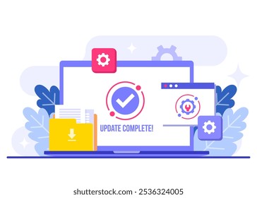 Ilustración vectorial plana de mantenimiento del sistema, Error, Solucionar problemas, Actualización de dispositivos, Sistema de software en mantenimiento, Proceso de Mejorar de software en dispositivos, Sistema de operación de Actualizar de Personas