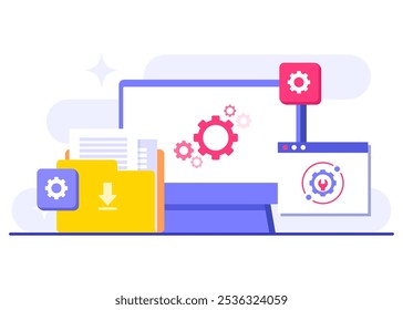 Ilustración vectorial plana de mantenimiento del sistema, Error, Solucionar problemas, Actualización de dispositivos, Sistema de software en mantenimiento, Proceso de Mejorar de software en dispositivos, Sistema de operación de Actualizar de Personas