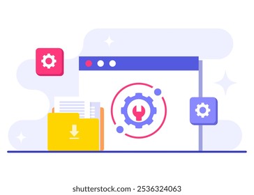 Ilustración vectorial plana de mantenimiento del sistema, Error, Solucionar problemas, Actualización de dispositivos, Sistema de software en mantenimiento, Proceso de Mejorar de software en dispositivos, Sistema de operación de Actualizar de Personas