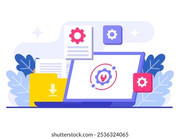 Ilustración vectorial plana de mantenimiento del sistema, Error, Solucionar problemas, Actualización de dispositivos, Sistema de software en mantenimiento, Proceso de Mejorar de software en dispositivos, Sistema de operación de Actualizar de Personas