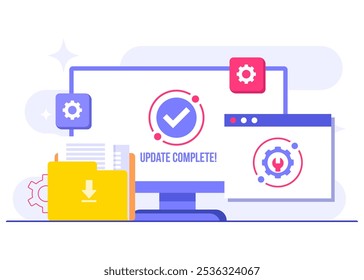 Ilustración vectorial plana de mantenimiento del sistema, Error, Solucionar problemas, Actualización de dispositivos, Sistema de software en mantenimiento, Proceso de Mejorar de software en dispositivos, Sistema de operación de Actualizar de Personas