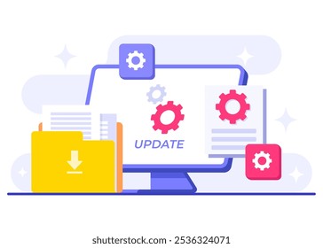 Ilustración vectorial plana de mantenimiento del sistema, Error, Solucionar problemas, Actualización de dispositivos, Sistema de software en mantenimiento, Proceso de Mejorar de software en dispositivos, Sistema de operación de Actualizar de Personas