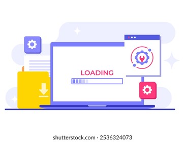 Ilustración vectorial plana de mantenimiento del sistema, Error, Solucionar problemas, Actualización de dispositivos, Sistema de software en mantenimiento, Proceso de Mejorar de software en dispositivos, Sistema de operación de Actualizar de Personas