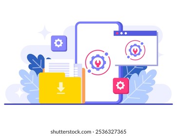 Ilustración vectorial plana de mantenimiento del sistema, Error, Solucionar problemas, Actualización de dispositivos, Sistema de software en mantenimiento, Proceso de Mejorar de software en dispositivos, Sistema de operación de Actualizar de Personas